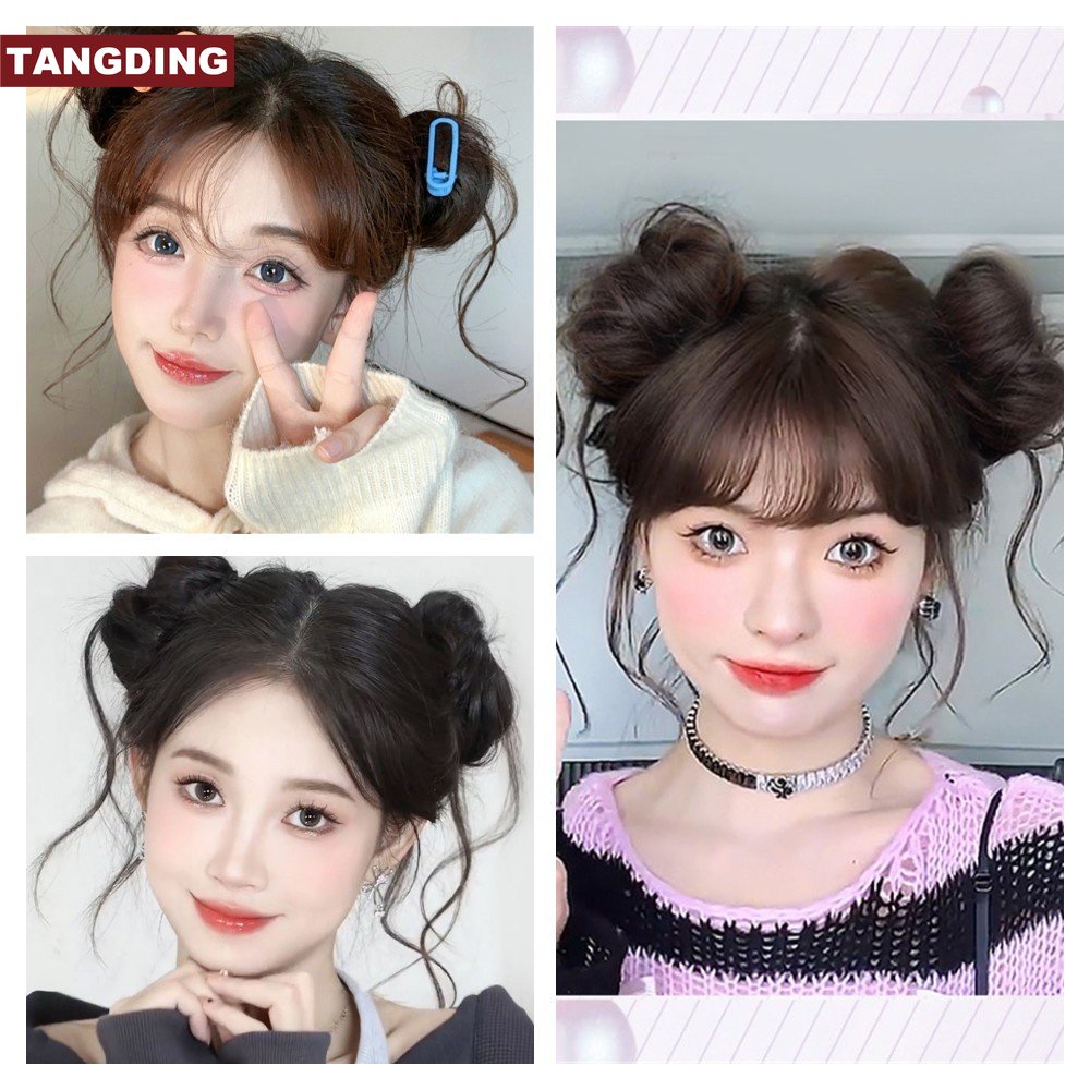 [COD Tangding] 2 Pcs Fluffy Tassel Round Ball Head Wig Wanita Perempuan Natural Double Ball Head Aksesoris