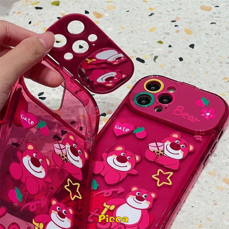 IPHONE Rose Red Cute Kartun Manyo Strawberry Bear Phone Case Kompatibel Untuk Iphone14 Pro Max7 8 14 Plus XR 11 13 12 14 Pro MAX X XS MAX SE Kreatif Flip Make Up Cermin Lembut TPU Case