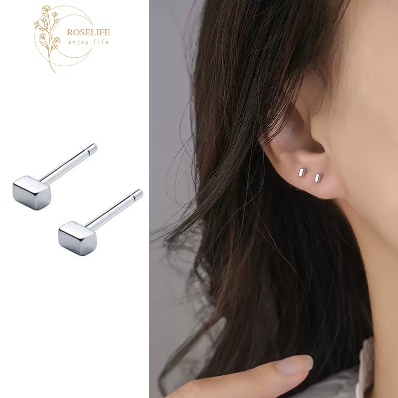 Roselife Minimalis Unisex S925 Perak Kubus Kecil Stud Anting-Anting Untuk Wanita Pria Sederhana Fashion Geometris Anting-Anting Pakaian Sehari-Hari Telinga Perhiasan 1pasang