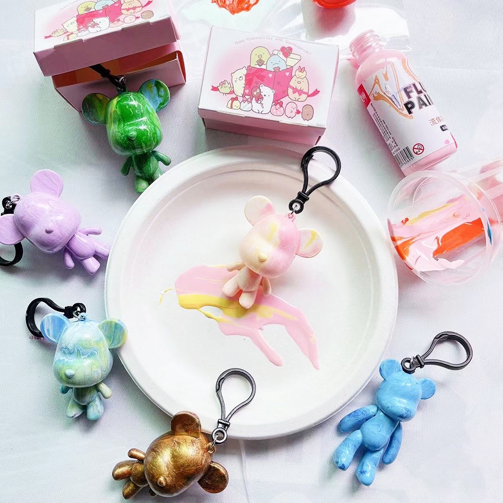 Cairan Bearbrick Gantungan Kunci Diy Beruang Mini Ornamen Keychain Handmade Diy Berwarna Beruang Cat Cairan Orang Tua-Anak Lukisan Mainan Anak Hadiah