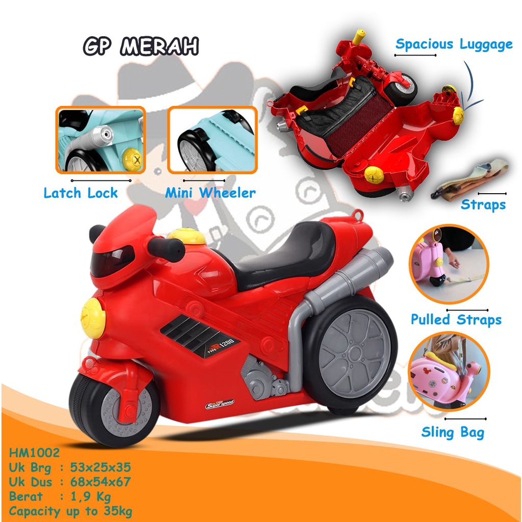 HM1002 Merah Koper Anak Motor Balap GP Travel Trolly Troli Tas Karakter Cabin Size Horsemen