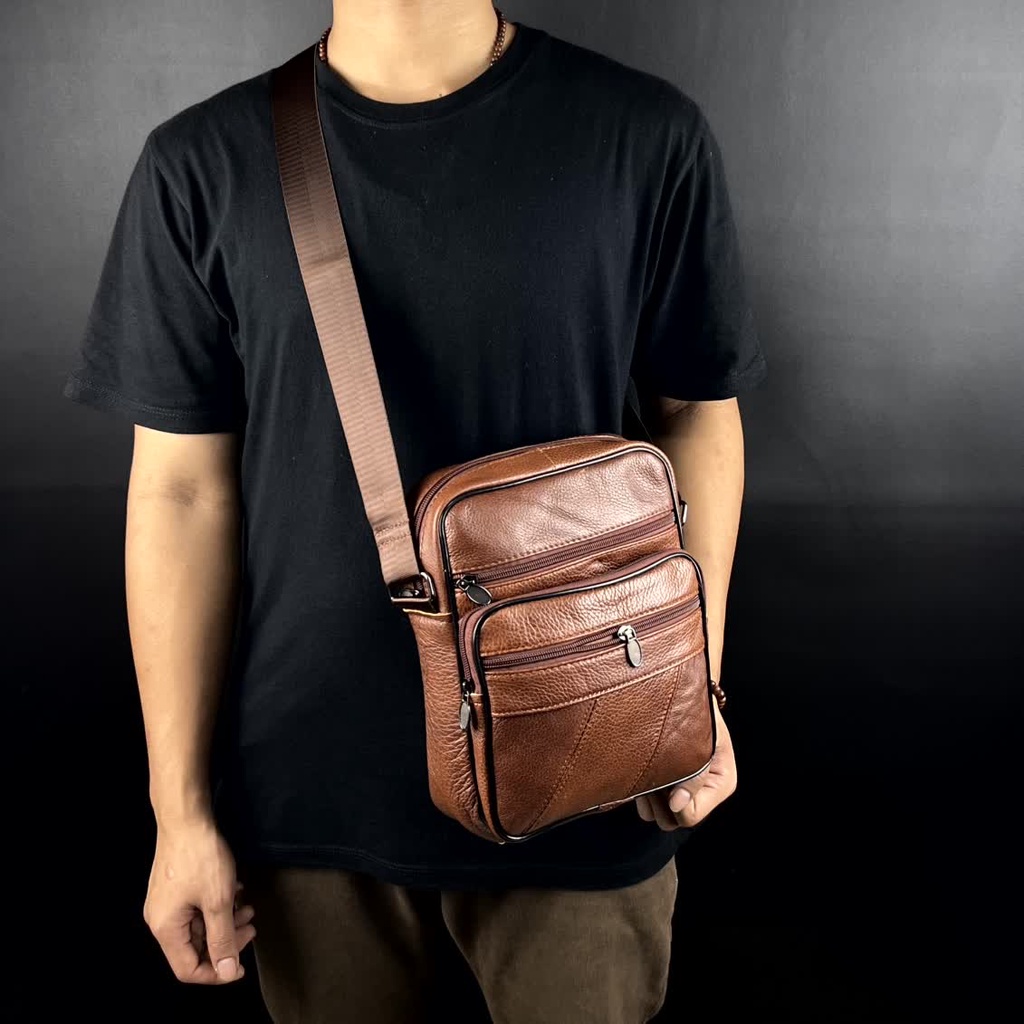 Tas Selempang kulit ASLI Tas Pria Kulit Asli Sling Bag Waterproof