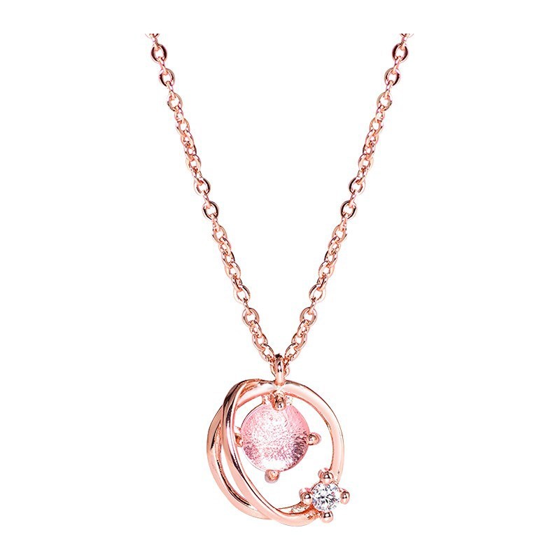 IFYOU Sweet Planet Key Meteor Rain Necklace Pink Gem Rose Gold Pendant Chain Choker for Women Jewelry Accessories