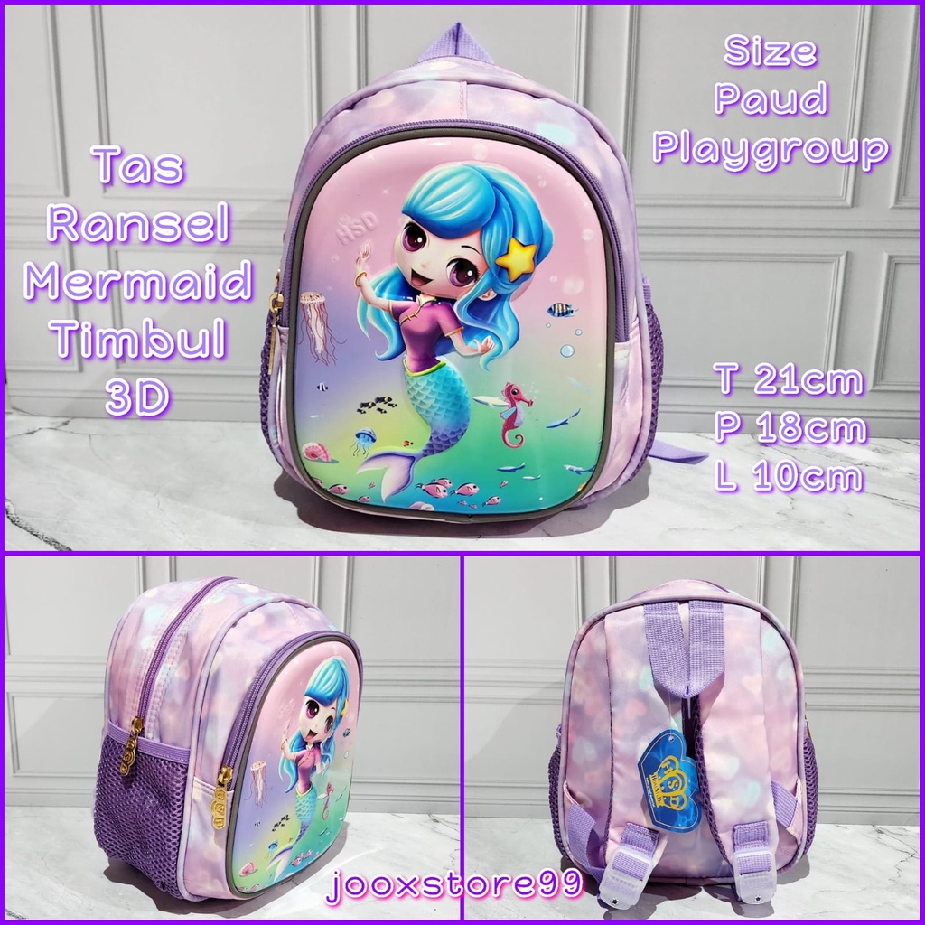 Tas Sekolah Ransel Anak Playgroup Paud Motif Timbul 3D Gambar Mermaid Tas Gendong Anak Perempuan dan Laki - Laki Import Backpack Anak Cewe dan Cowo