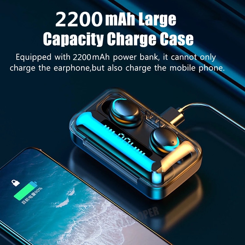【READY STOK】F9 TWS Headset Bluetooth Headphone Nirkabel Olahraga Earbud Kontrol Sentuh Dengan Mikrofon 2200MAh Kotak Pengisi Daya 9D Earbud Olahraga Stereo HiFI