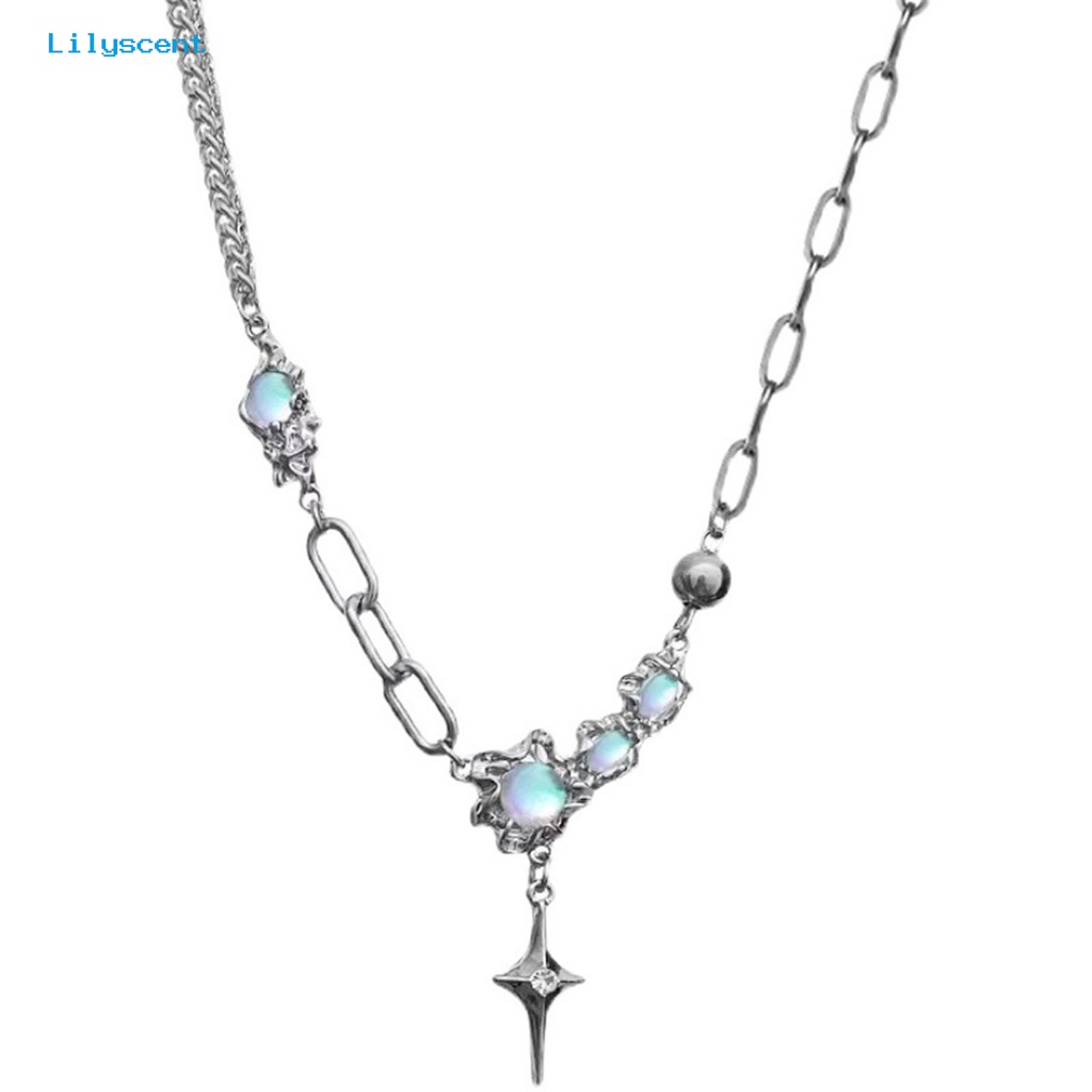 [LS] Wanita Kalung Faux Moonstone Bright Luster Hias Adjustable Semua Pertandingan Perhiasan Hadiah Baja Titanium Lady Bintang Berujung Empat Liontin Kalung Rantai Klavikula Untuk Pakaian Sehari-Hari