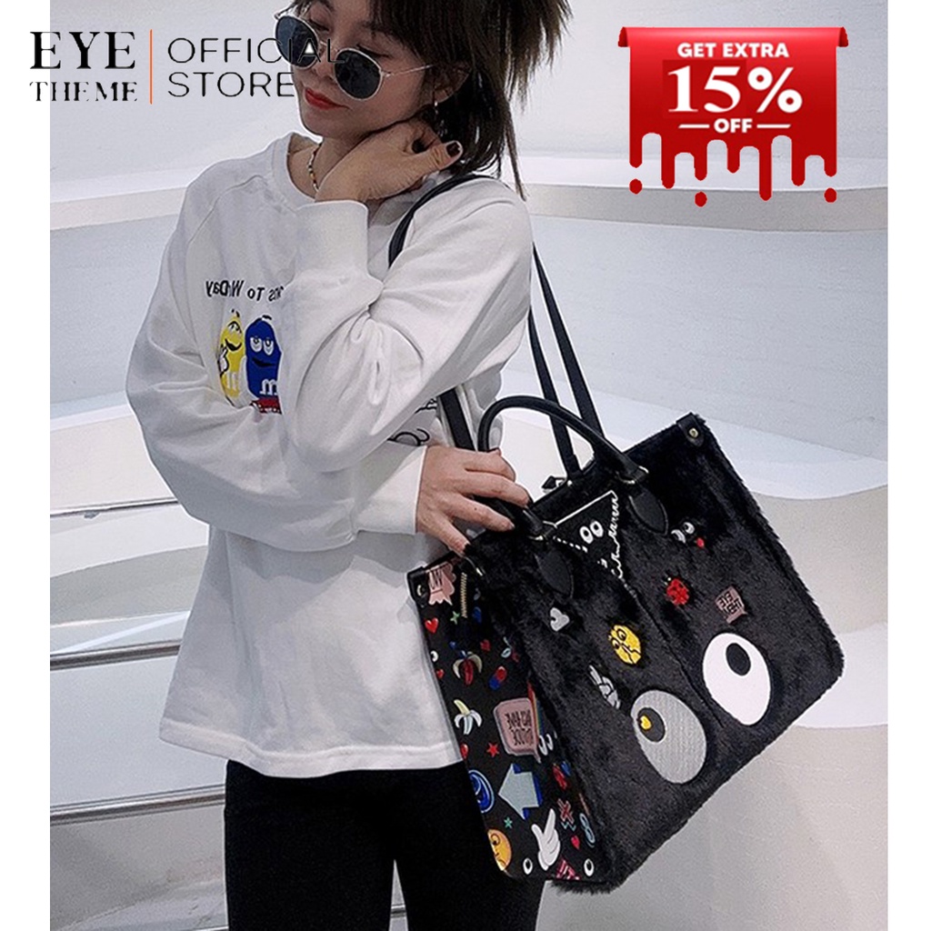 EYE THEME ~ Tas Wanita Oferry Faux Fur Eye Theme Printed Tote Bag 9454-307