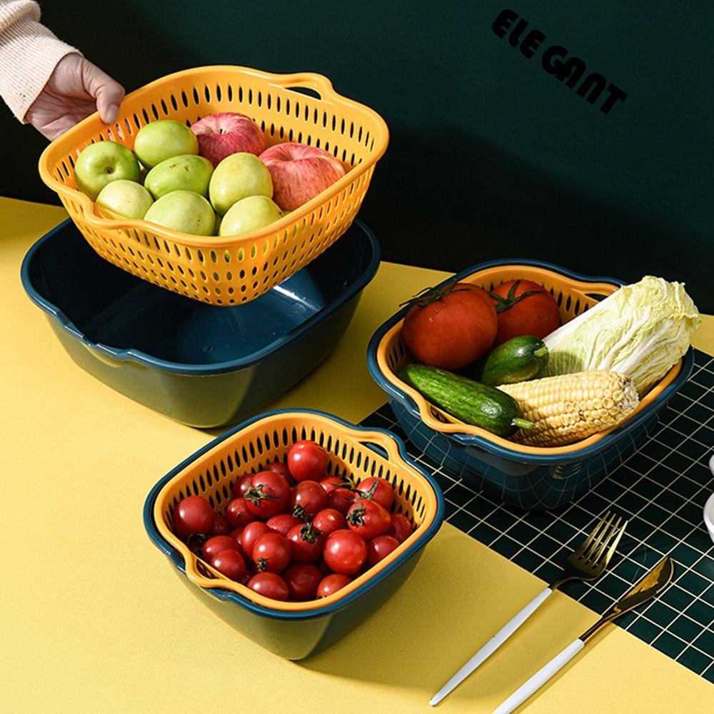 [Elegan] Keranjang Cuci Buah Bahan PP Multifungsi Set Gadget Dapur Rumah Tangga Lapisan Ganda Pembersih Sayuran Mencuci Colander