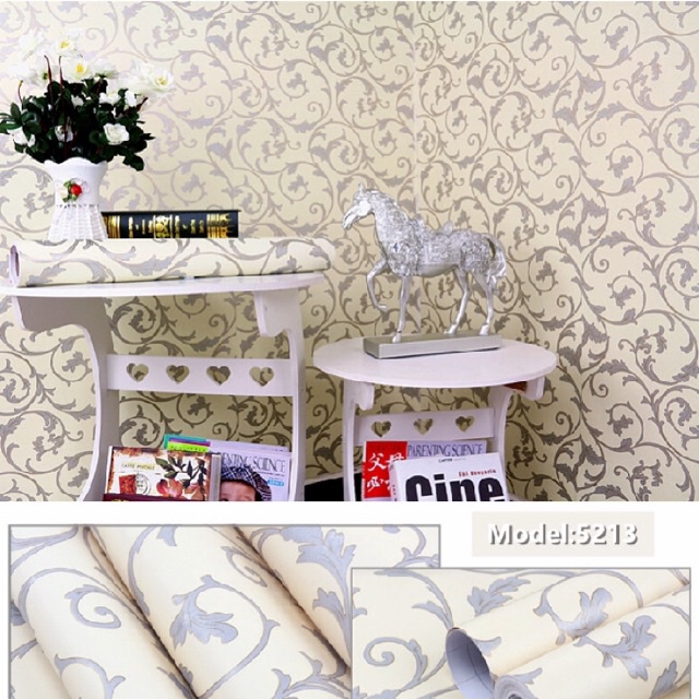 WALLPAPER STIKER DINDING DAUN SILVER LINGKAR DASAR CREM NEW PRODUK