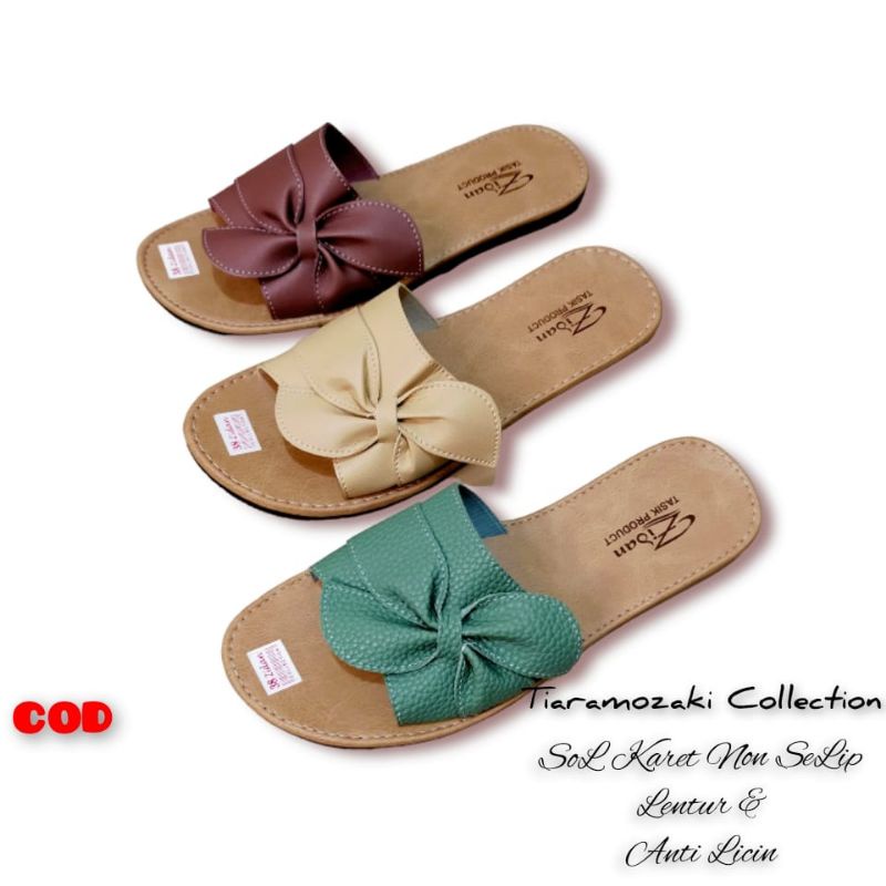 Sandal Kulit Wanita Papirut Motif Pita Cantik Flat Nonslip