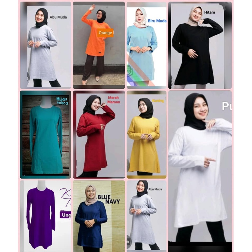 Kaos Tunik Polos - Kaos Polos Tunik Muslimah Lengan Panjang Katun Combed Adem Nyaman - Kaos Tunik Po