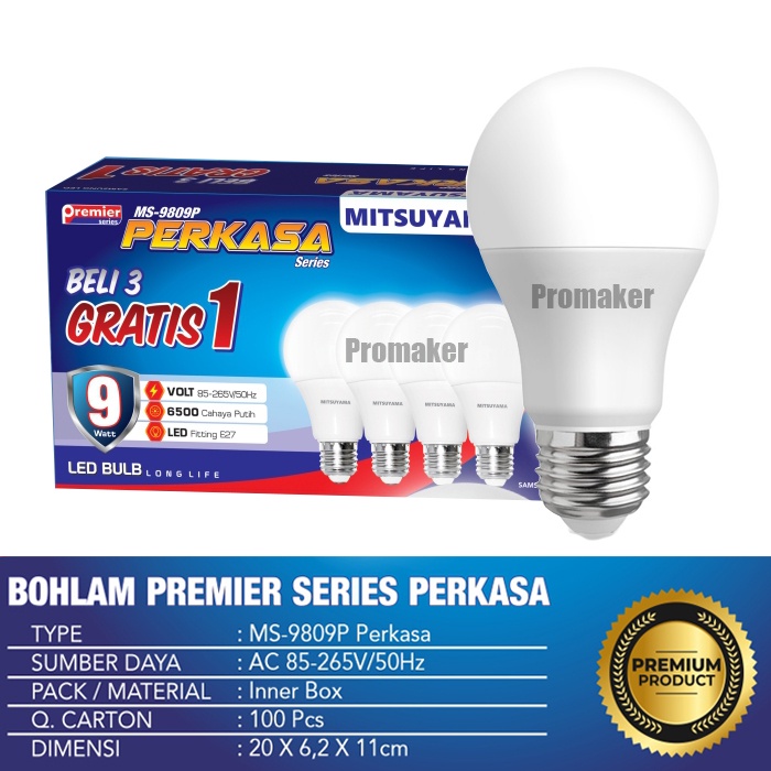 Mitsuyama MS-9809P Lampu Led Bulb 9w Premier Series Perkasa Multipack Kemasan Isi 4 Pcs Original