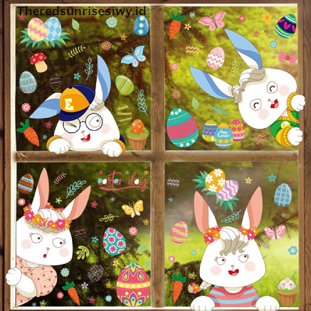 # Baju Lebaran # Stiker Jendela Kaca Happy Easter Colorful Bunny Eggs Wall Sticker 25x35cm~