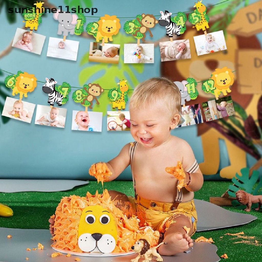Sho Banner Ulang Tahun Jungle Animal Baby One 1st Birthday Januari Desember Foto Garlands Safari Gajah Singa Pesta Ulang Tahun Pertama N