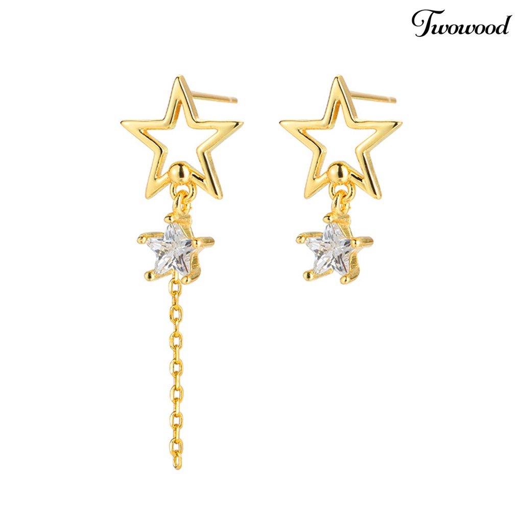 Twowood 1pasang Ear Studs Rantai Bintang Berongga Rumbai Tidak Teratur Warna Emas/Perak Cubic Zirconia Tertanam Bintang Drop Anting-Anting Perhiasan Fashion