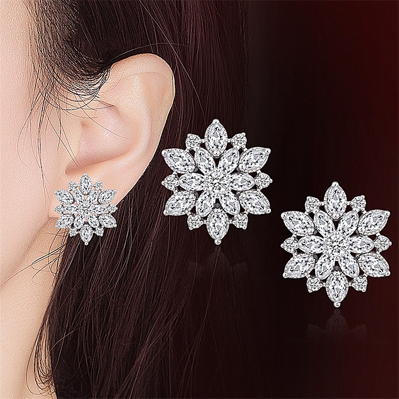 Anting Zircon Bentuk Bunga Matahari Sun Flower | Anting Tusuk Bentuk Snowflake Aksen Berlian Imitasi Untuk Wanita | Aksesoris Wanita | Sendok Garpu Bahan Stainless Steel | Bahan Titanium Steel