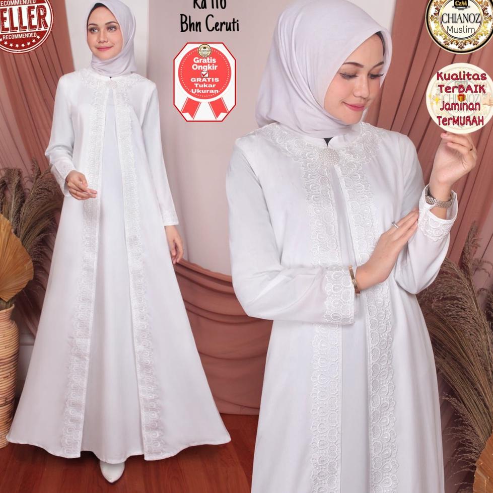 STOK TERBATAS CHIANOZ Gamis Putih Ceruti Mewah Premium Sifon Mewah Renda Kaki Payung Jumbo Fashion M
