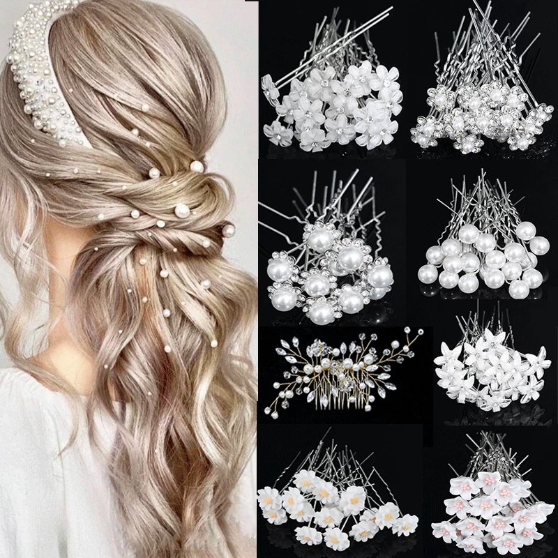 1-20 Pcs Berlian Imitasi Manis Kristal Bridal Vine Tiara Hairband French Fairy Hair Clip Flower Pearl U-shaped Pins Barrettes Wedding Hair Combs Aksesoris Perhiasan Elegan