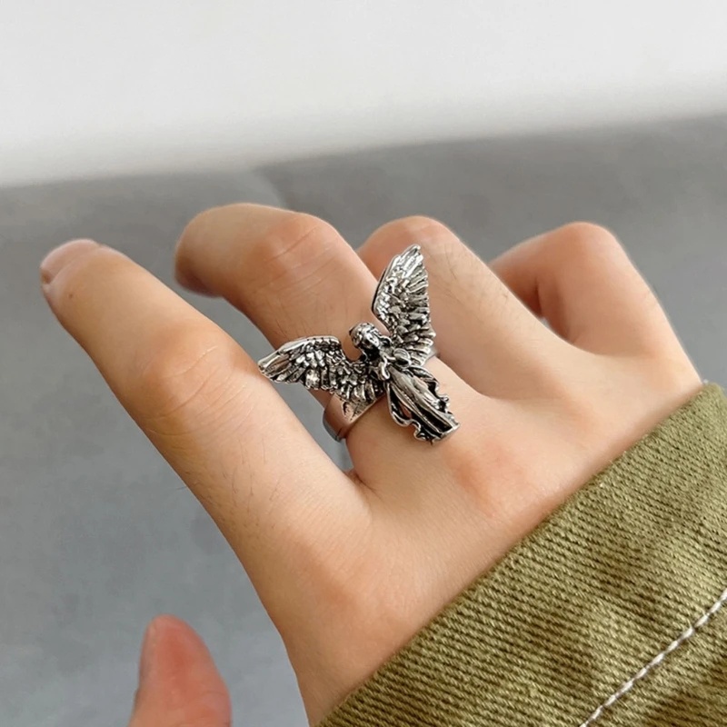 Retro Pria Wanita Fashion Indah Tiga Dimensi Cincin Malaikat Kepribadian Perhiasan Hadiah Aksesoris Pesta Cincin Jari Cincin Kreatif Hip-hop Gaya Punk Pembukaan Cincin Yang Dapat Disesuaikan