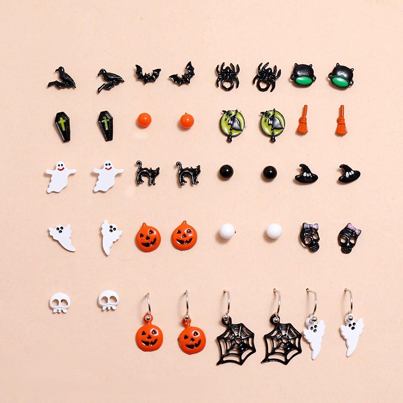 Desain Lucu Baru Anting Laba-Laba Kelelawar Hantu Penyihir Halloween Sederhana 20pasang