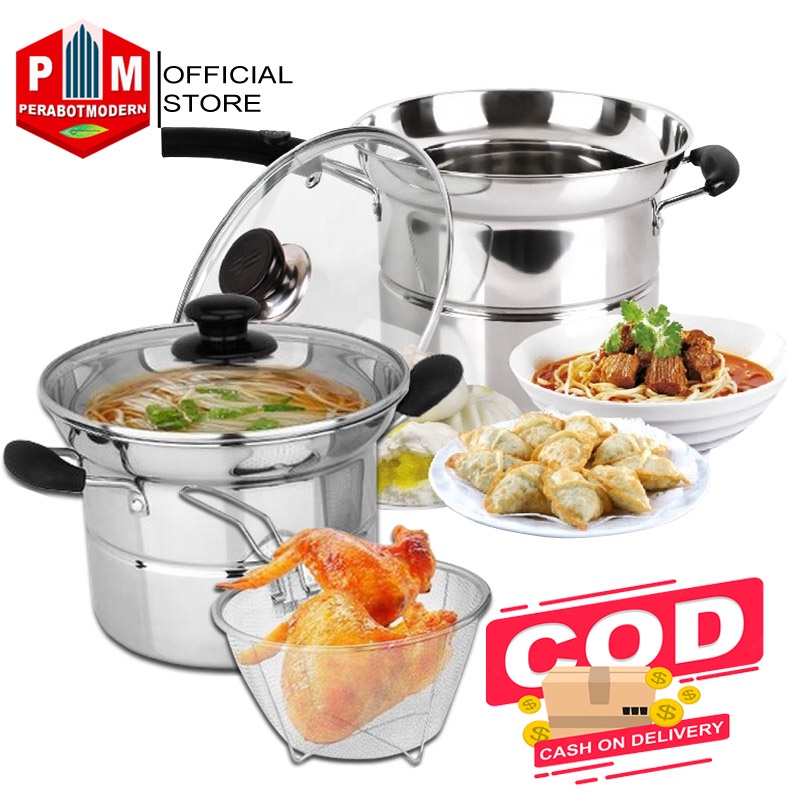 PANCI SERBAGUNA COOKING POT 3 IN 1 22 CM / DEEP FRYING / NOODLE POT / PANCI MULTIFUNGSI PANCI MIE / panci dengan saringan kukusan tutup kaca goreng kukus rebus tim presto ungkep daging ayam sapi kambing masak mie menggoreng kentang goreng sop sayur soto