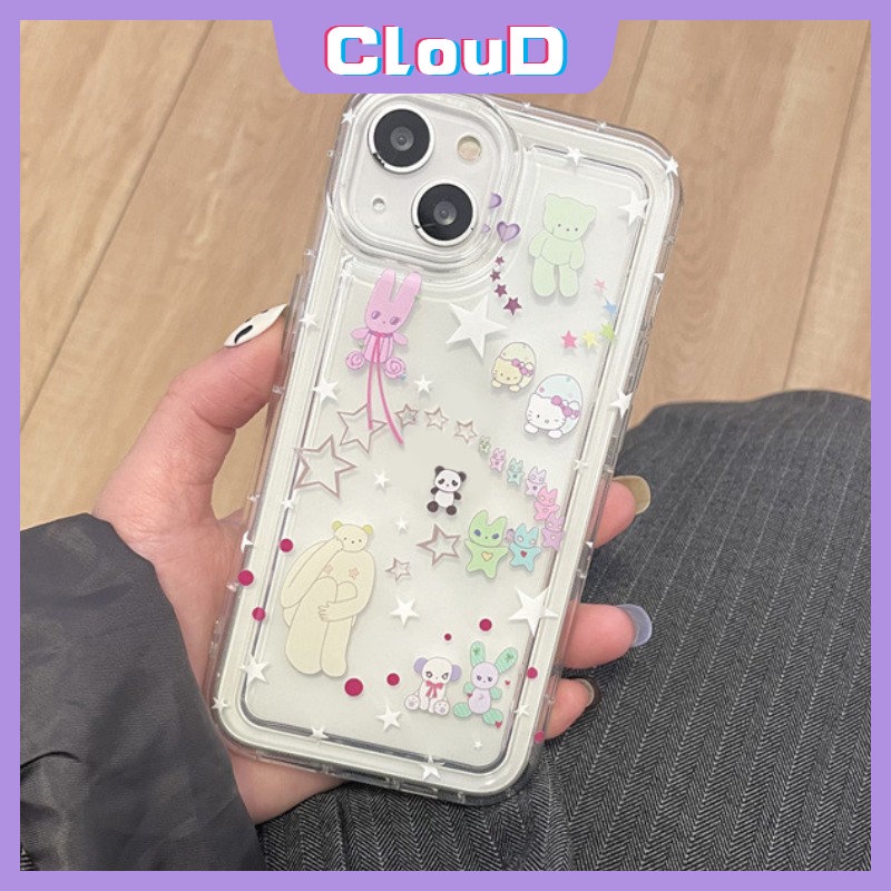 Ins Graffiti Clear Airbag Shockproof Case Kompatibel Untuk iPhone 7Plus 11 13 14 12 Pro Max XR 7 8 6s 6 Plus X XS Max SE 2020 Kartun Lucu Lovely Star Bear Soft Silicon TPU Cover