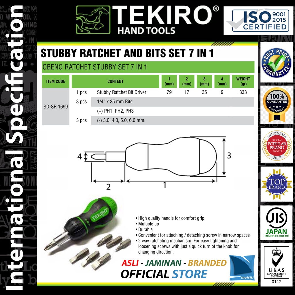 Obeng Ratchet Isi 7 pcs Cebol dan Gendut Saling Tukar / Stubby Ratchet Bits Set TEKIRO