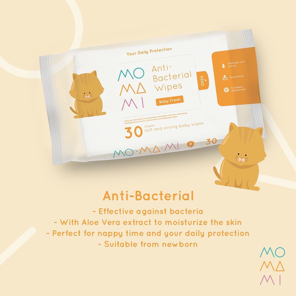 MOMAMI Baby Antibacterial Wipes 10 30 60 sheets / Tisu Tissue Basah Bayi Anti Bakteri Anti Alkohol size kecil travel / besar