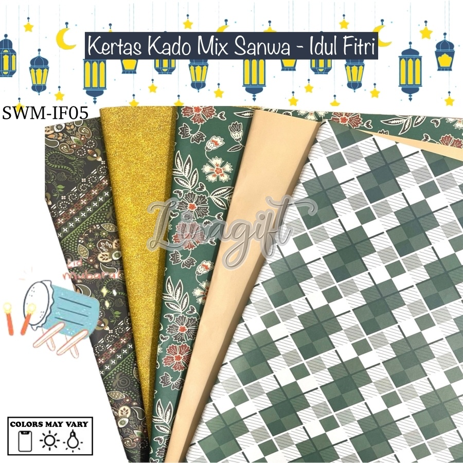 ( 5 Lembar 5 Motif ) IDUL FITRI SANWA MIX - KERTAS KADO IDUL FITRI LEBARAN SANSAN WAWA - GIFT WRAPPING MOTIF IDUL FITRI ISLAMI GREEN