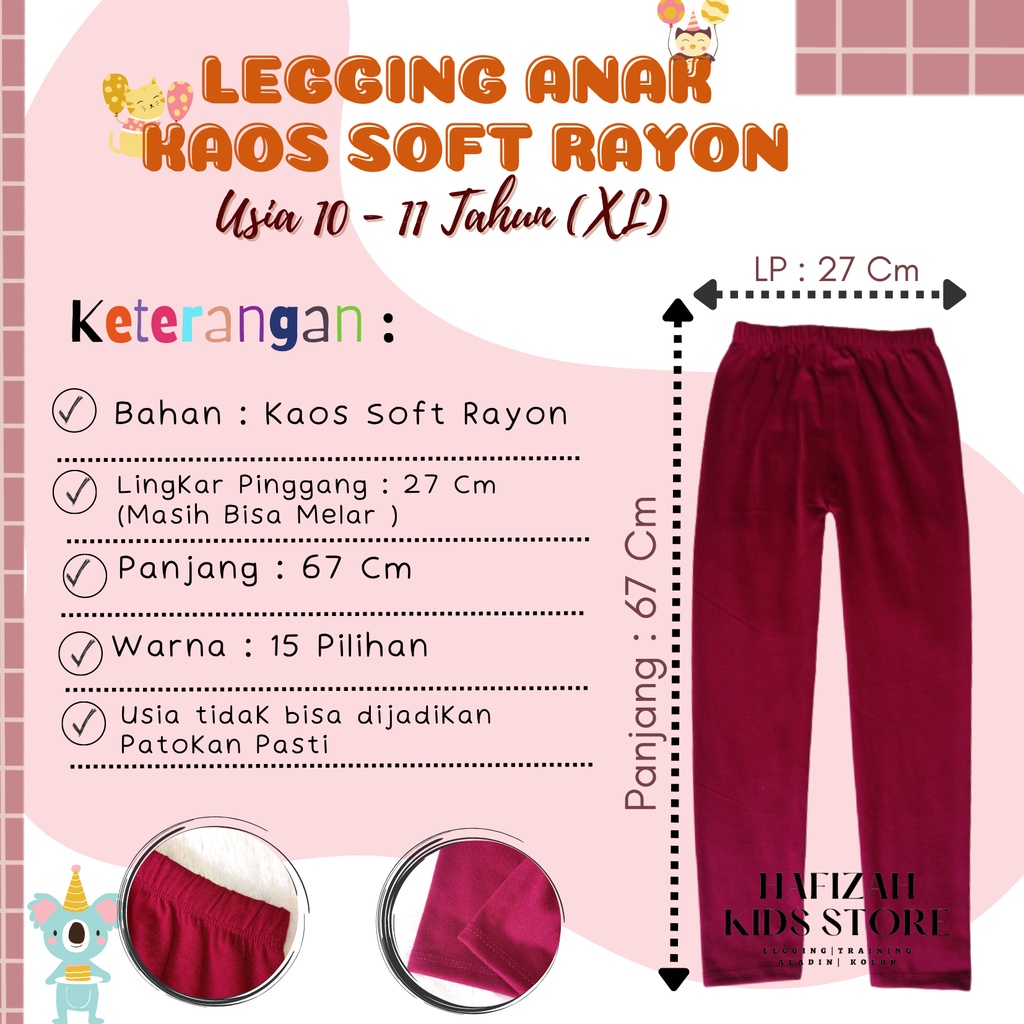 Legging Panjang Anak Kaos Soft Rayon Usia 8 - 9 th