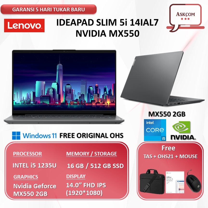 Laptop Lenovo Ideapad Slim 5i 14 MX550 2GB i5 1235U RM 16GB 512GB SSD OHS 14.0FHD IPS