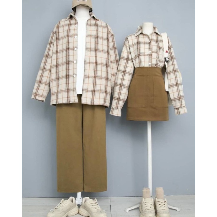 Minnie Kemeja Couple Flanel Brown Sudah 2 pcs - Baju Couple Pasangan Flanel Korean Style