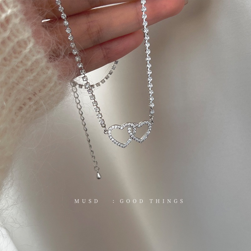 IFYOU Dua Hati Kalung Choker Rantai Klavikula Kristal Manis Silver Untuk Aksesoris Perhiasan Wanita