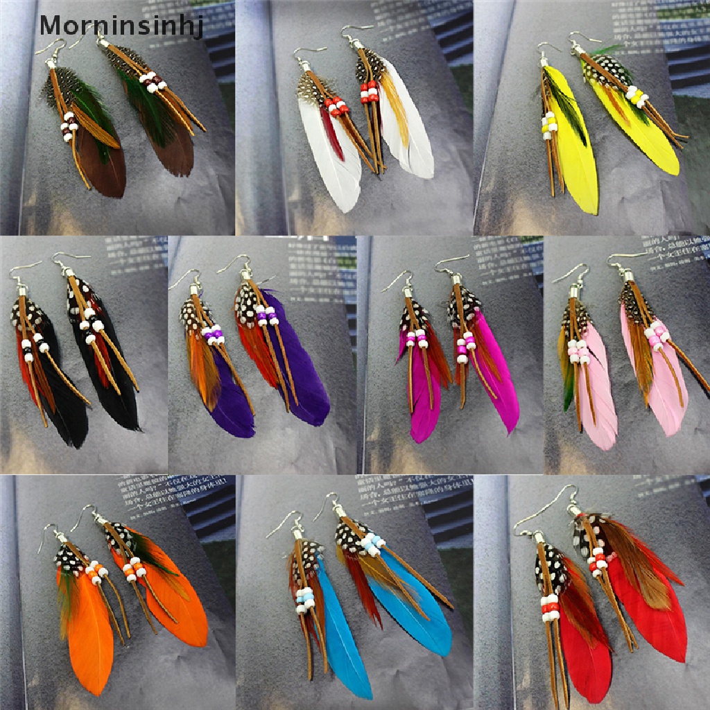 Mornin Fashion Rumbai Menjuntai Anting Bulu Manik Kulit Anting Indian Feathers id