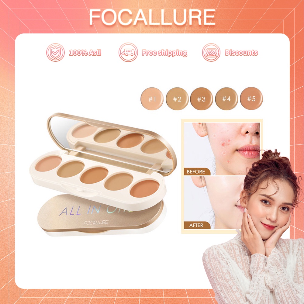 Focallure 5 in 1 Concealer Palette High Coverage Lightweight Matte Powder-Light Concealer Liquid Foundation #Golde Light