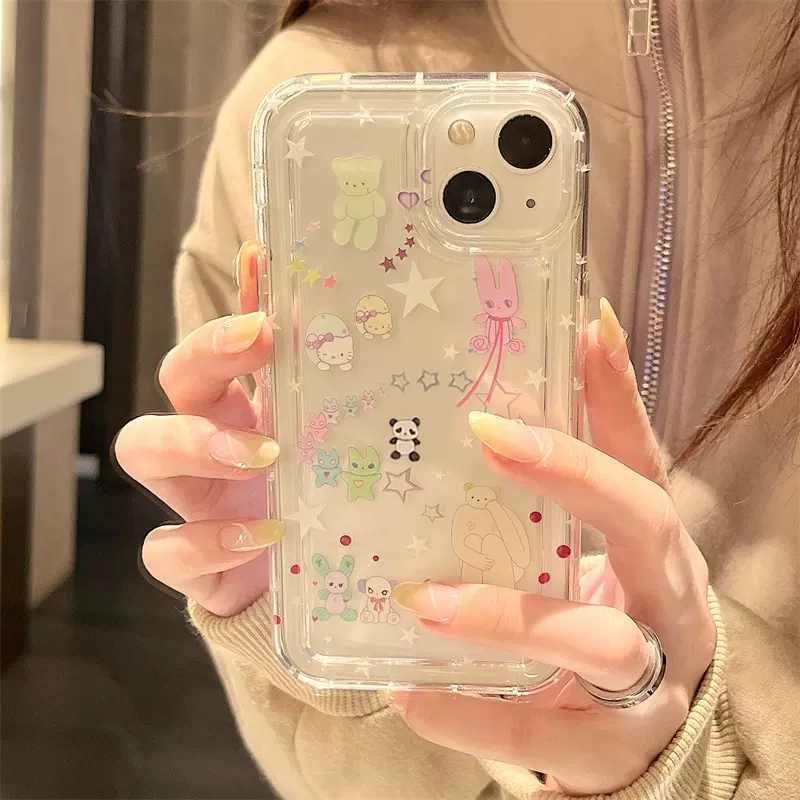 IPHONE Ins Korea Kartun Bintang Lucu Beruang Kitty Case Kompatibel Untuk Iphone11 14 13 12 Pro MAX 7plus XR 7 8 6 6S Plus X XS MAX 8plus SE 2020 Airbag Shockproof TPU Lembut Bening Ponsel Cover