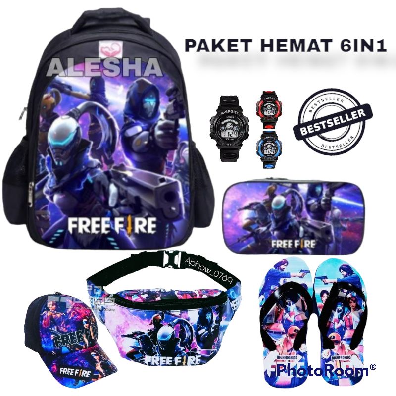 Tas ransel Paket 6IN1 Tas anak Laki-laki Sekolah TK SD Free Tempat Pensil Topi Bordir Tas Waistbag Jam Tangan Dan Sandal Spon