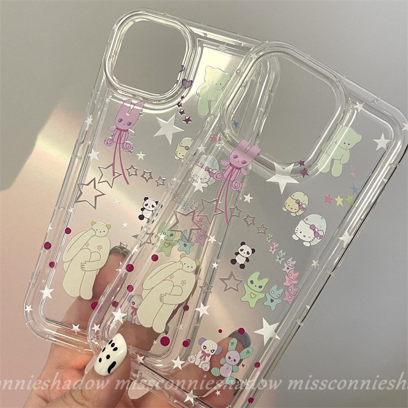 IPHONE Airbag Shockproof Clear Soft Silicon Case Kompatibel Untuk Iphone11 7 8 6 6s Plus 11 13 14 12 Pro MAX XR X XS MAX SE 2020 Ins Graffiti Kartun Lucu Lovely Star Bear TPU Penutup Belakang