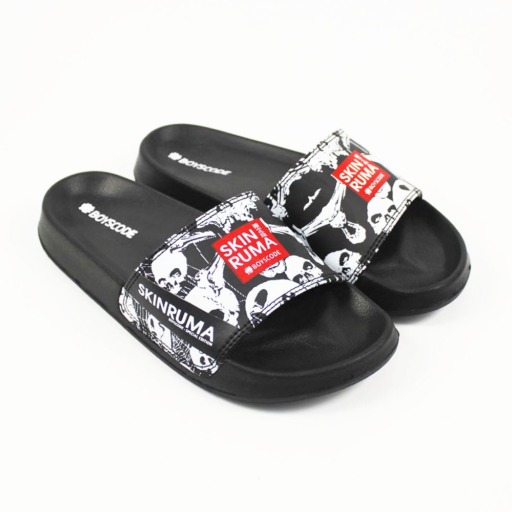 Sendal Slop Pria Wanita BOYSCODE X SKINRUMA Skull Black Hitam / Slide Pria / Slip On Pria / Sendal Cowok / Sendal Cewek