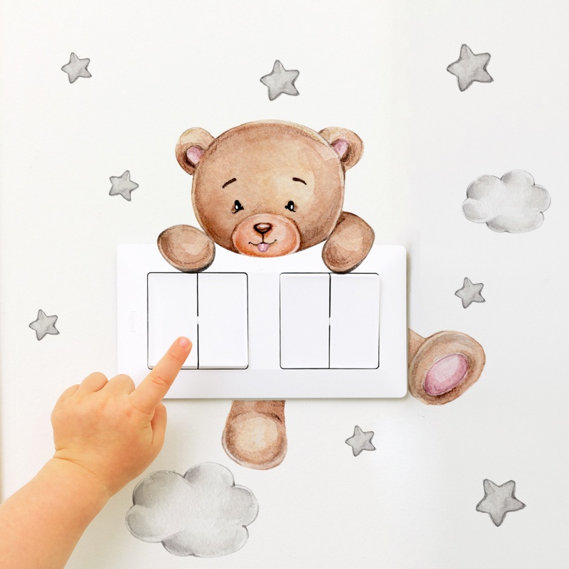 Stiker Dinding Saklar Bintang Beruang Kartun Lucu/Decal Hias Awan Anti Air PVC