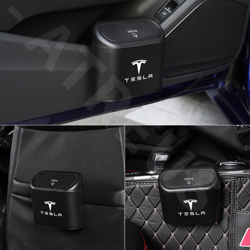 Tesla Model 3y S X Tempat Sampah Mobil Gantung Tutup Flip Dustbin Tipe Tekan Storage Box Organizer Aksesoris Mobil