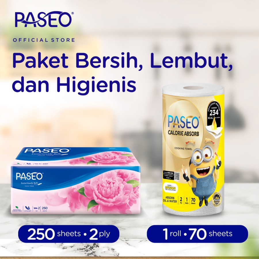 Paseo Elegant Tissue Wajah 250 Sheets + Paseo Calorie Absorbs Cooking Towel Roll 70 Sheets 1 Rolls