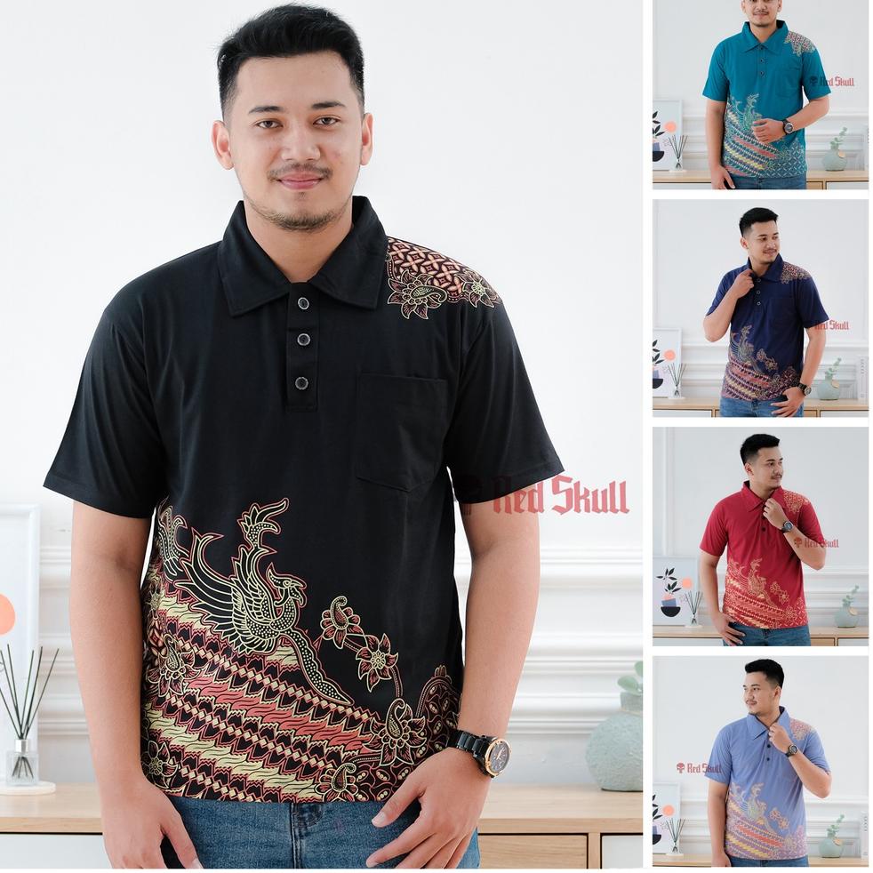 Murah Meriah RED SKULL Kaos Kerah Polo Katun Batik Burung Batik Solo Ada Kantong