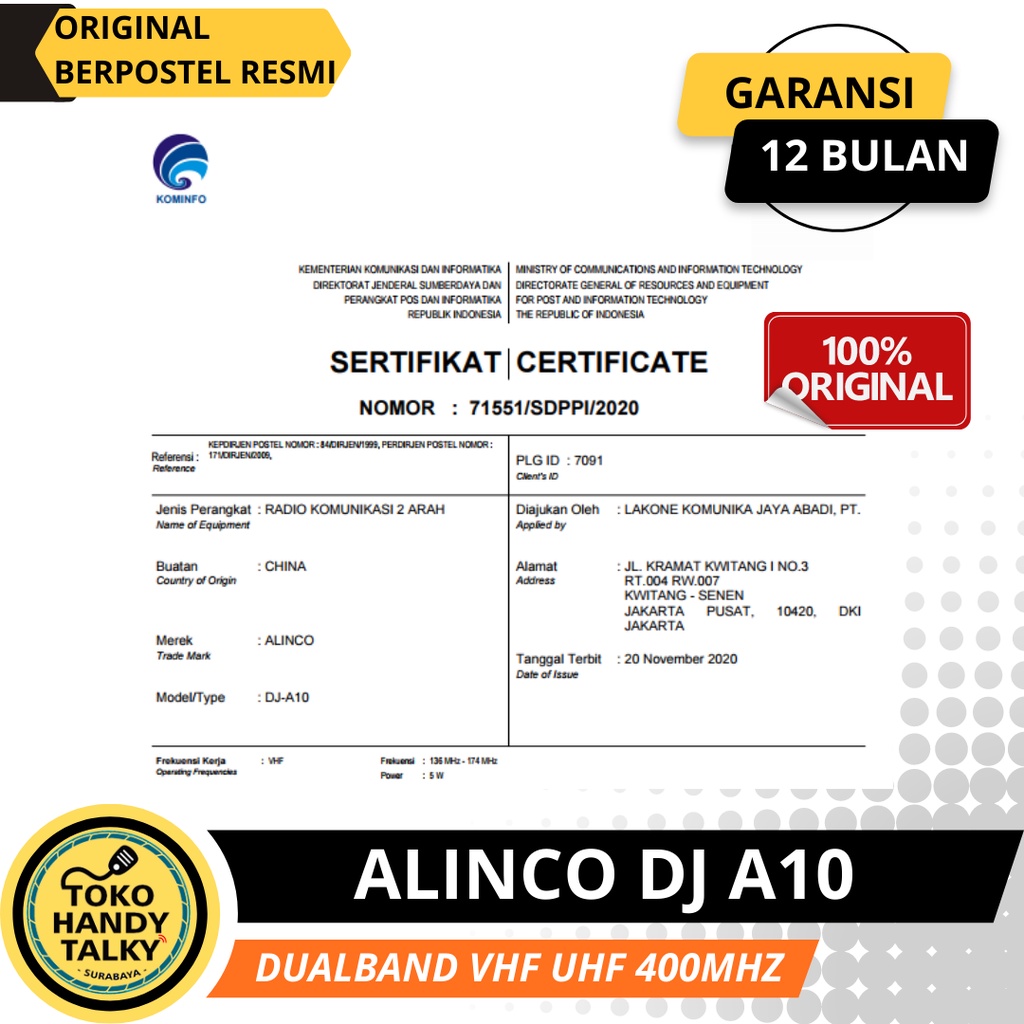 HANDY TALKY ALINCO DJ-A10 / DJ-W10 VHF 136-174MHZ NEW ORIGINAL GARANSI RESMI POSTEL