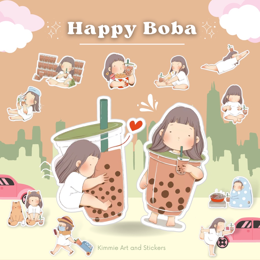 

[21 pcs] Stiker Lucu Happy Boba Stiker Cewek Pecinta Boba Aesthetic | Kawai Bubble Tea Boba Girl Aesthetic Free 1pcs Stiker Boba