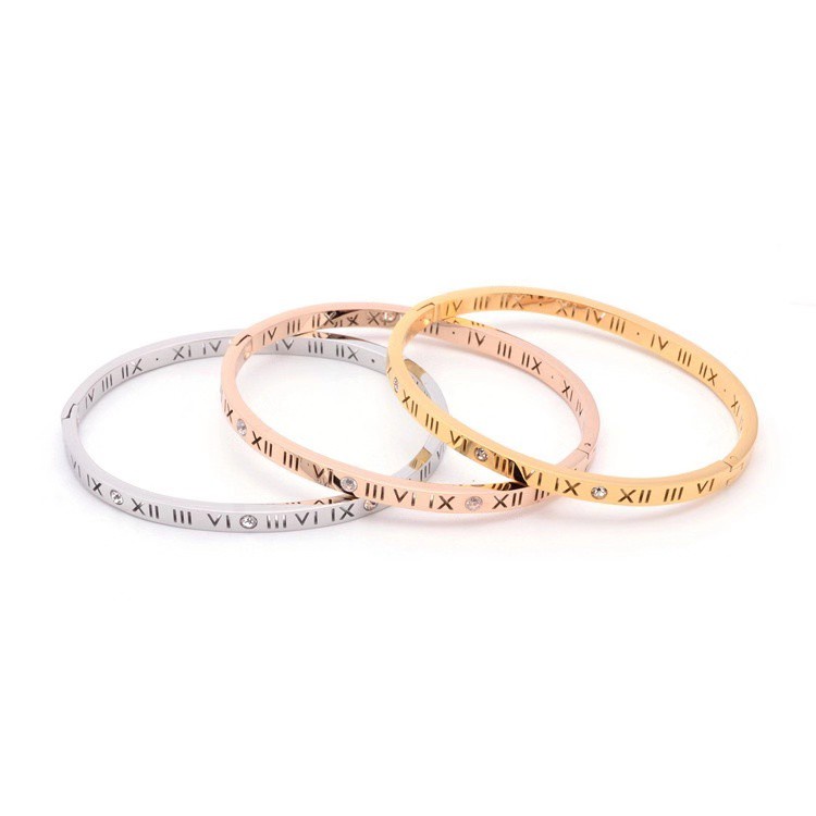 Gelang Titanium Steel Lapis Rose Gold 18k Desain Huruf Angka Romawi Hollow Gaya Korea Untuk Wanita