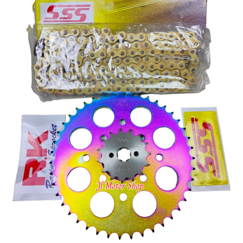 GIR GEAR SET GEARSET 428 MEGAPRO TIGER VERZA GL PRO CB150 CBR150 R VIXION R15 XABRE JUPITER MX KING BYSON CB CBR 150 GEAR DEPAN SSS BELAKANG RK TAKASAGO RAINBOW PELANGI 428 SB GIRSET GEAR SSS + RK RAINBOW RANTAI EMAS SSS