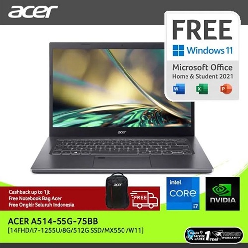 ( FREE UPGRADE RAM 8GB ) ACER ASPIRE 5 SLIM (12TH GEN) PERFORMANCE LAPTOP A514-55G-75BB 14
