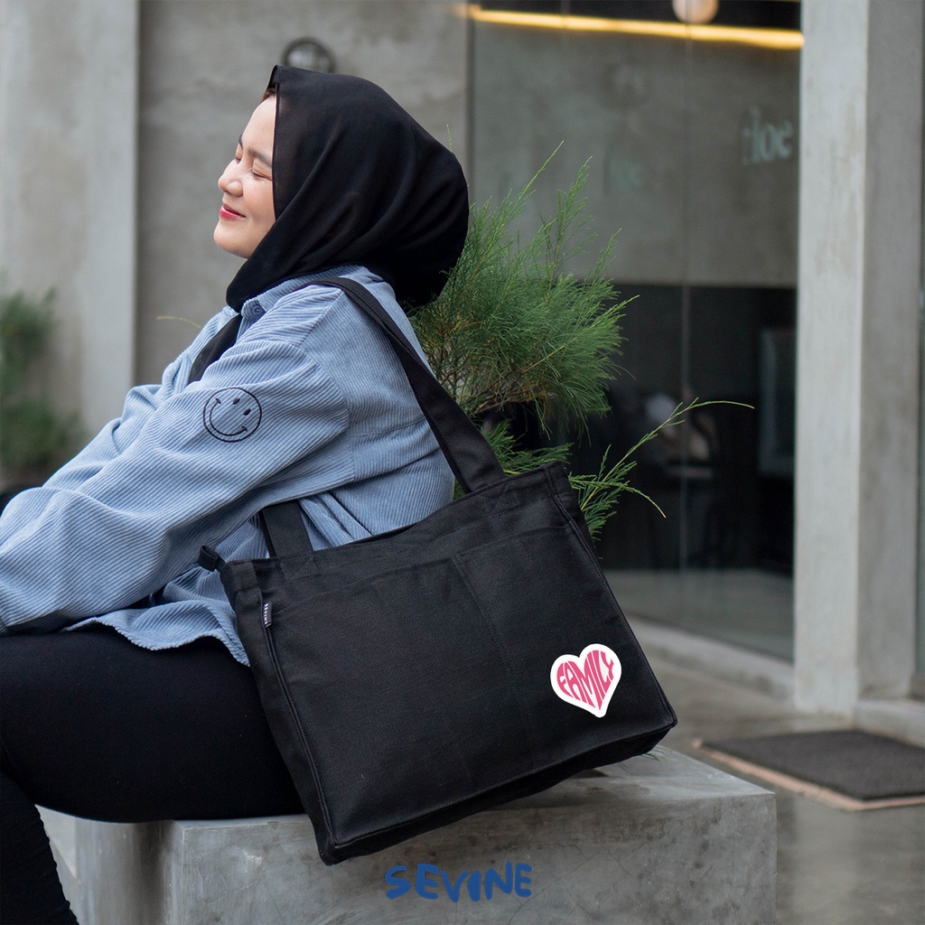 Sevine Totebag Kanvas Rebecca Tas Wanita Tote Bag Kuliah Sekolah Sekat Botol Laptop Hitam Elegan Aesthetic - WW