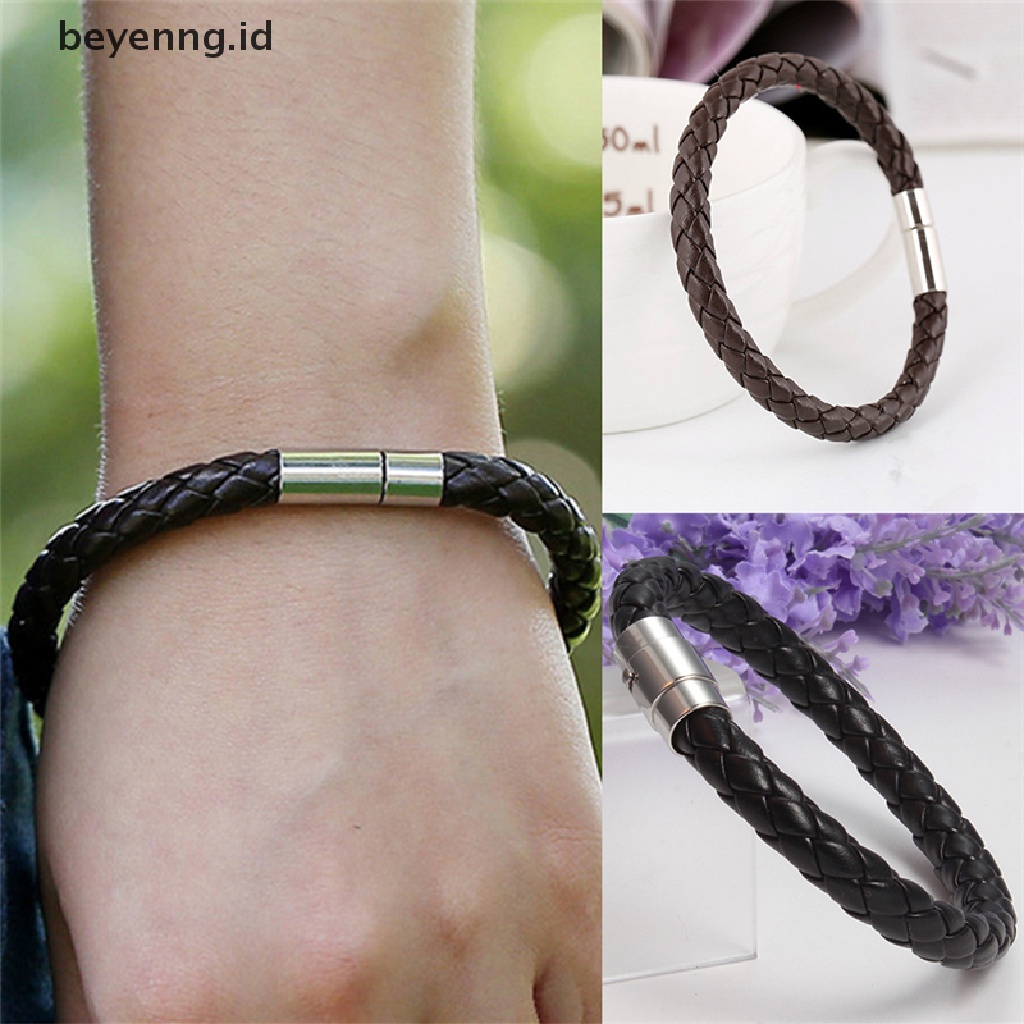 Beyen Wanita Pria Hitam Kulit Charm Gelang Stainless Steel Magnetic Clasp Bracelet ID